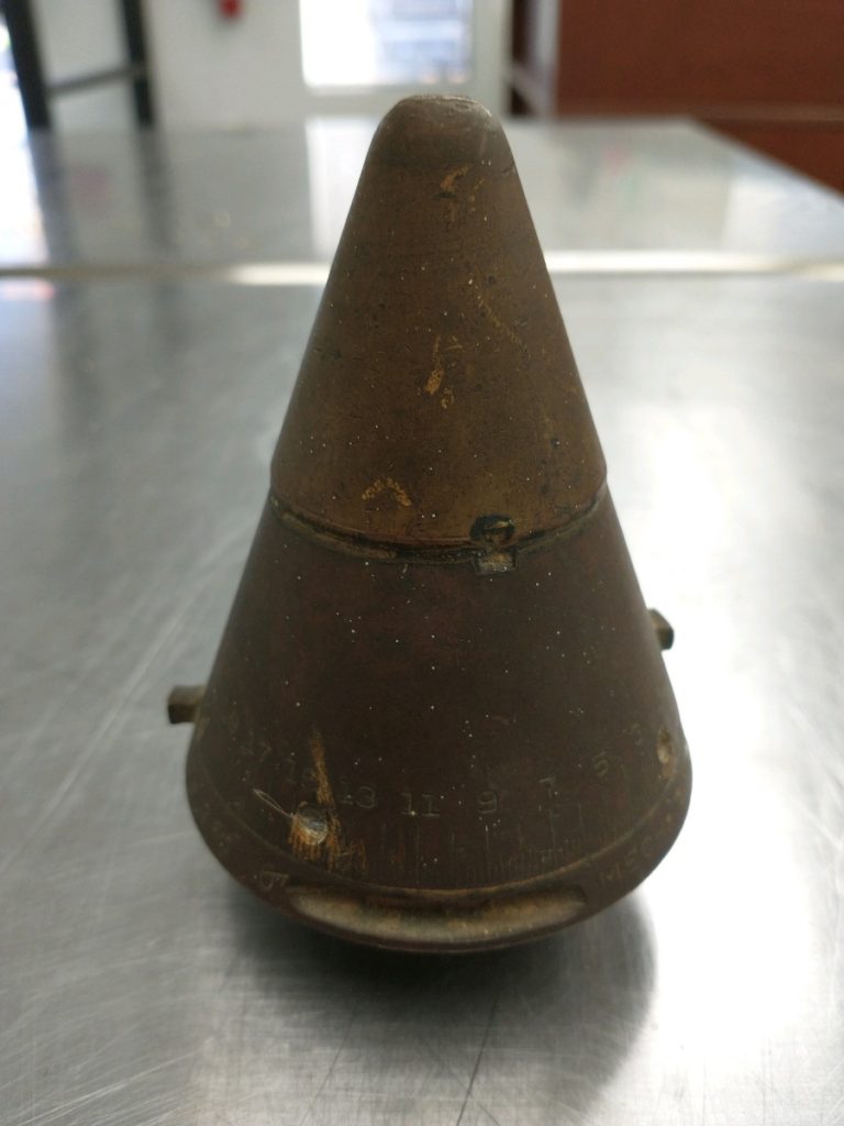 Decorative brass proximity fuse, before vapor honing Decorative brass proximity fuse, before vapor honing